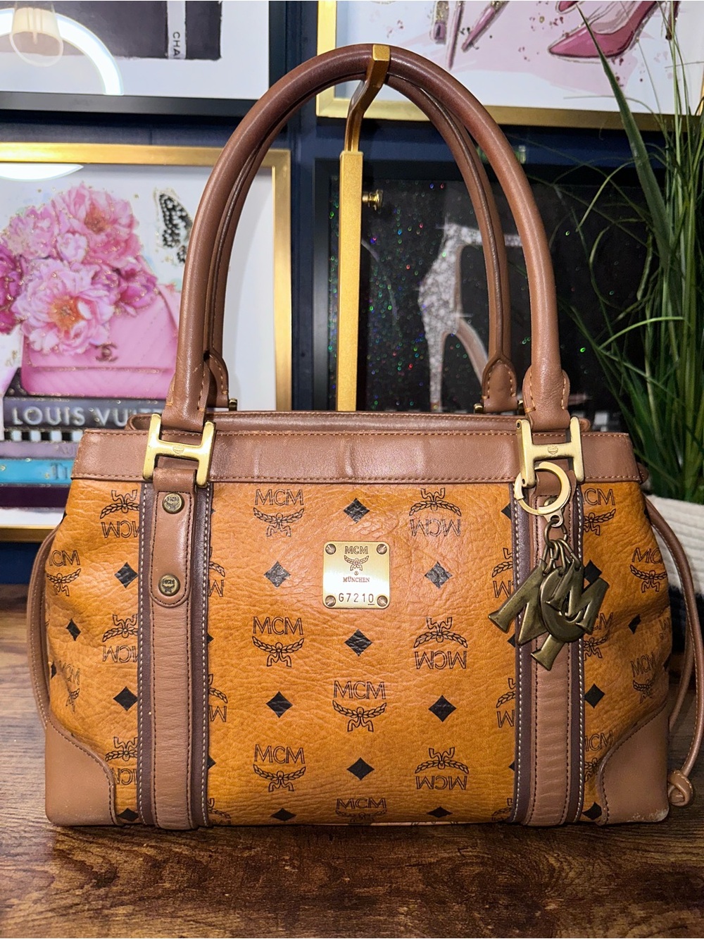 MCM Cognac Logo Leather Satchel with Gold Hardware